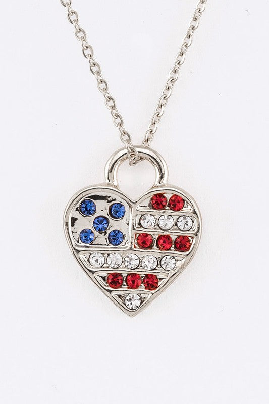 American Flag Crystal Heart Pendant Necklace