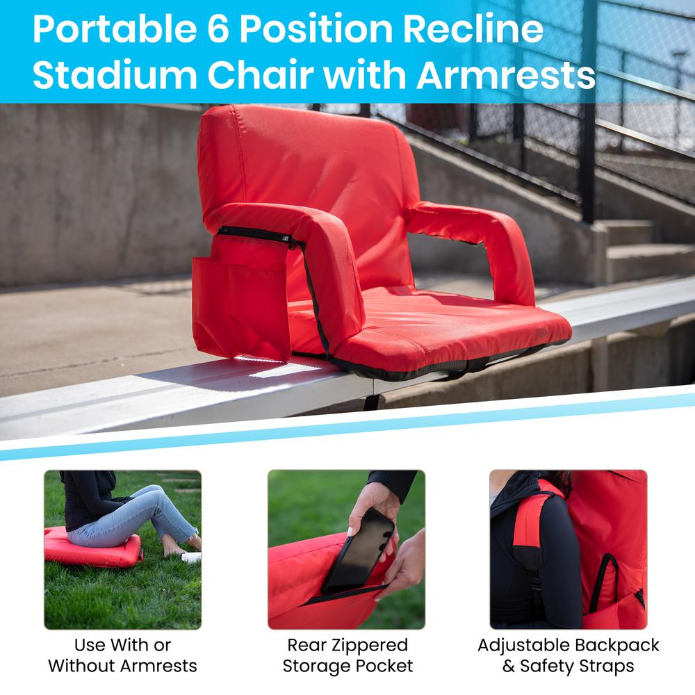 Extra Wide Red Lightweight Reclining Stadium Chair with Armrests, Padded Back & Seat with Dual Storage Pockets and Backpack Straps