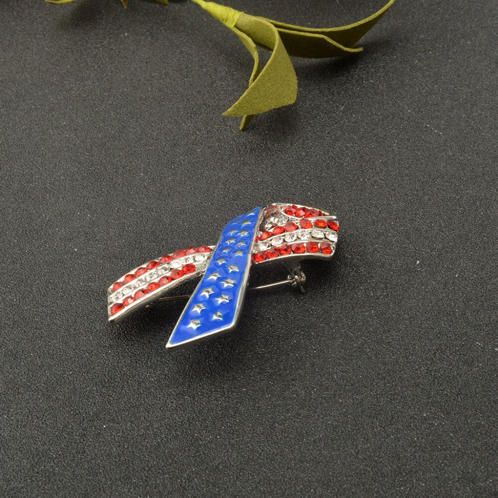 Green Alloy Clothing Pin Ribbon Brooch Diamond American Flag Brooch