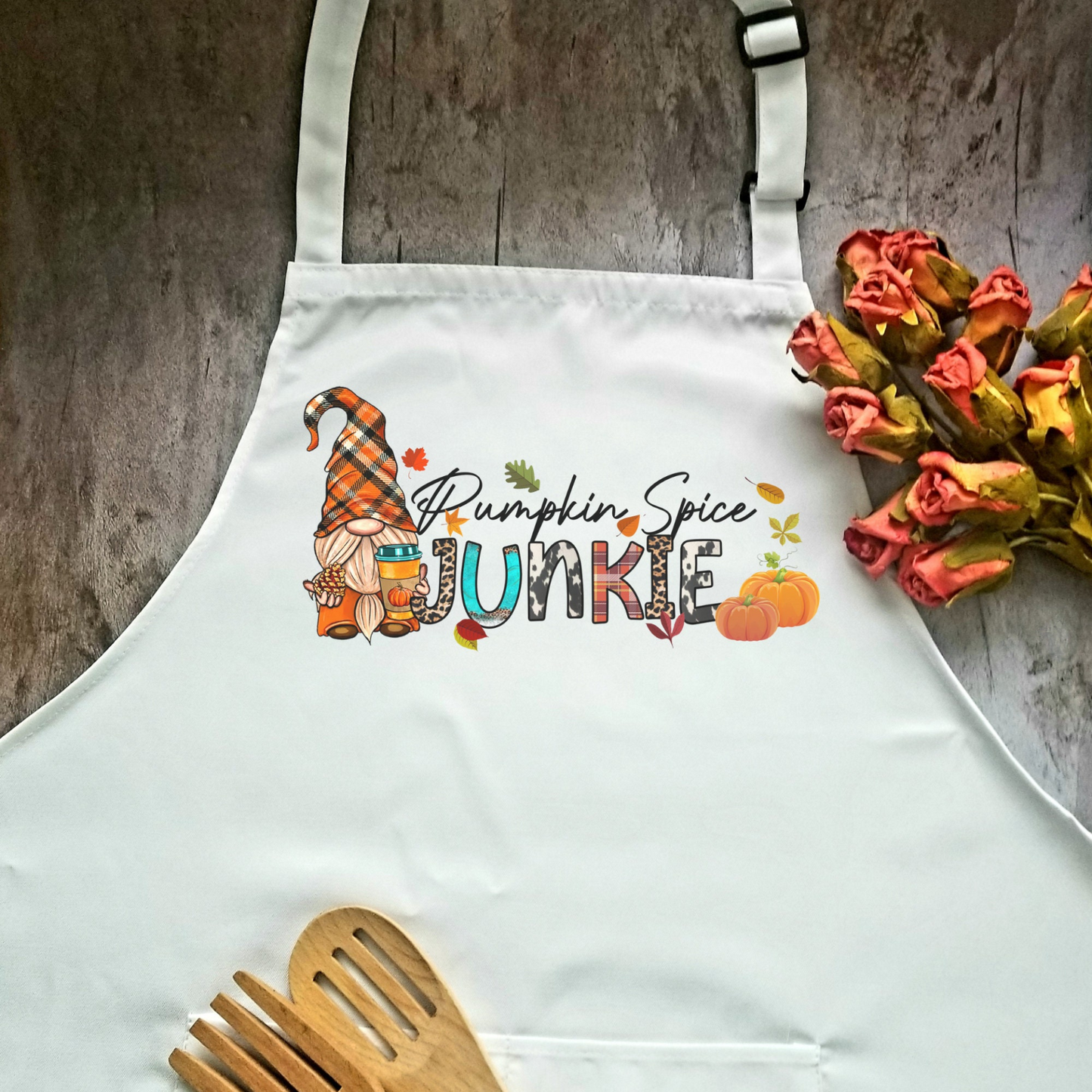 Pumpkin Spice Junky Fall Humorous Apron | Funny Adjustable Kitchen or BBQ Apron | Perfect Gift for the Cook or Griller | Gnome Coffee Fall