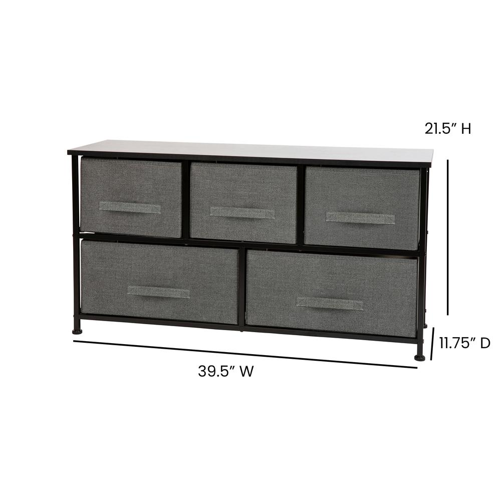 5 Drawer Wood Top Black Cast Iron Frame Vertical Storage Dresser with Dark Gray Easy Pull Fabric Drawers