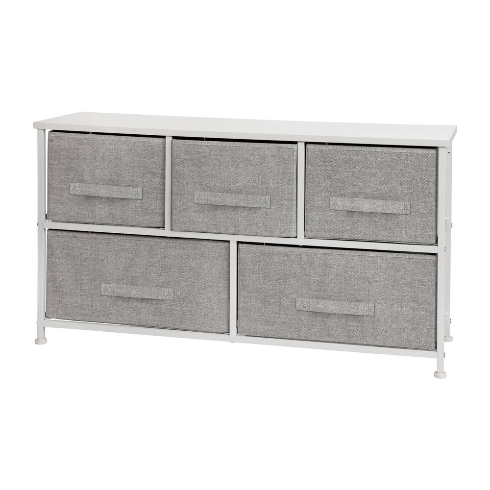 5 Drawer Wood Top White Cast Iron Frame Vertical Storage Dresser with Light Gray Easy Pull Fabric Drawers