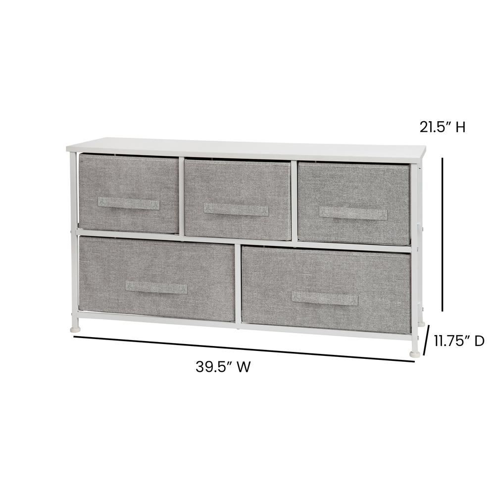 5 Drawer Wood Top White Cast Iron Frame Vertical Storage Dresser with Light Gray Easy Pull Fabric Drawers