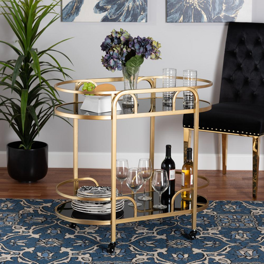 Glam and Luxe Gold Metal and Tempered Glass 2-Tier Wine Cart