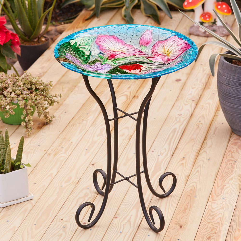 LuxenHome Hummingbird Floral Glass Bird Bath with Metal Stand