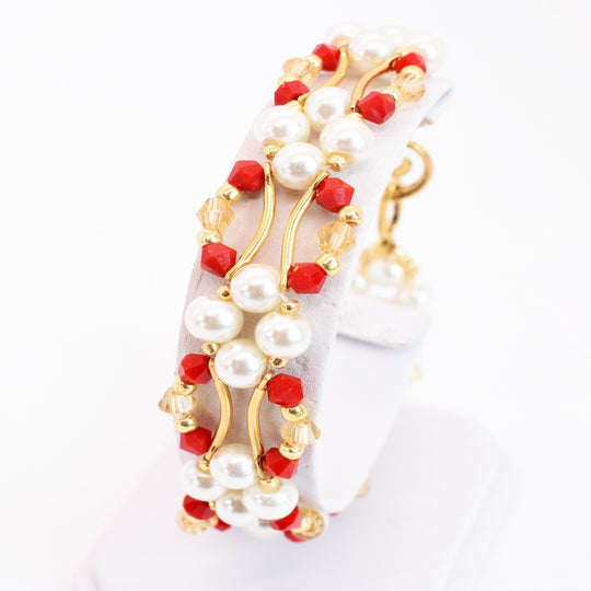 Red Jade and Gold Crystal and Pearl Hex Block Link Bracelet