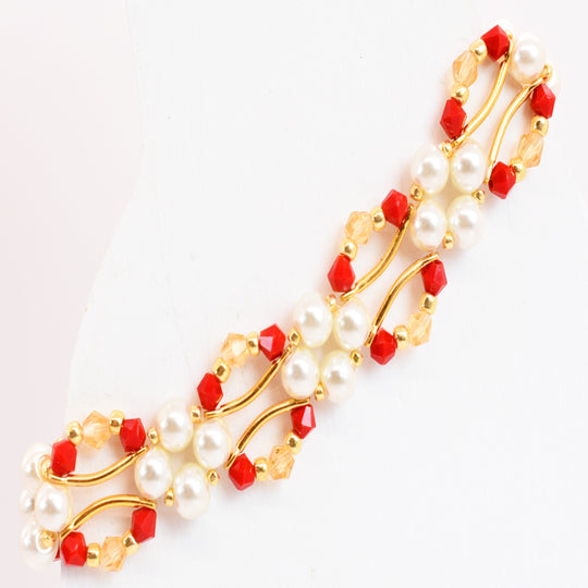 Red Jade and Gold Crystal and Pearl Hex Block Link Bracelet