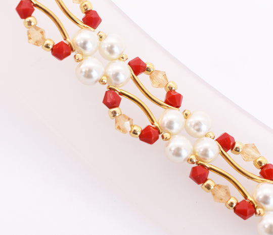 Red Jade and Gold Crystal and Pearl Hex Block Link Bracelet