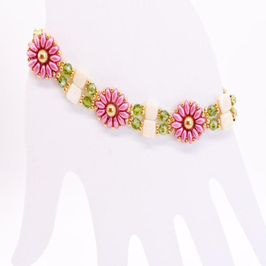 Pink, Gold, Green & Ivory Daisy Block Link Bracelet