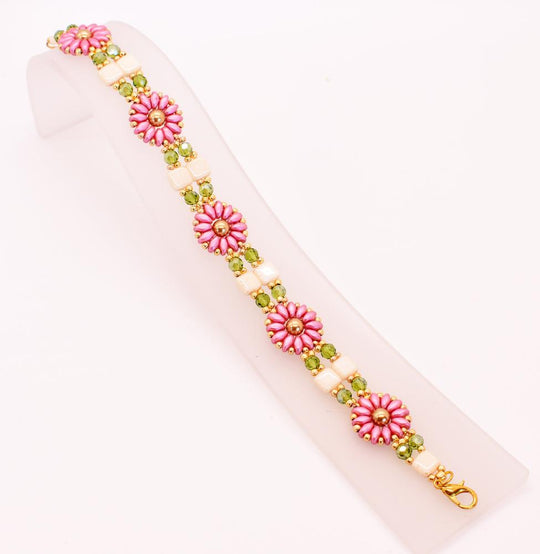 Pink, Gold, Green & Ivory Daisy Block Link Bracelet