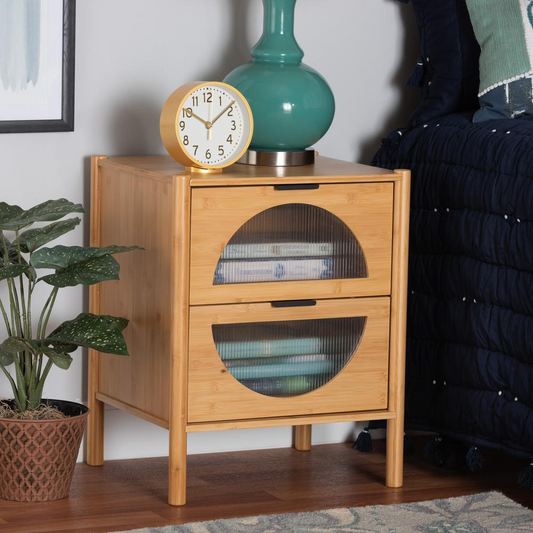 Transitional Natural Brown Bamboo Wood 2-Drawer End Table