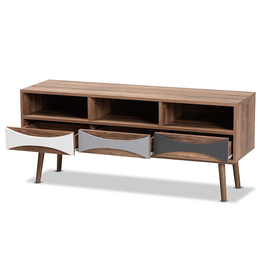 Natural Brown Finished and Multi-Colored Wood 3-Drawer TV Stand