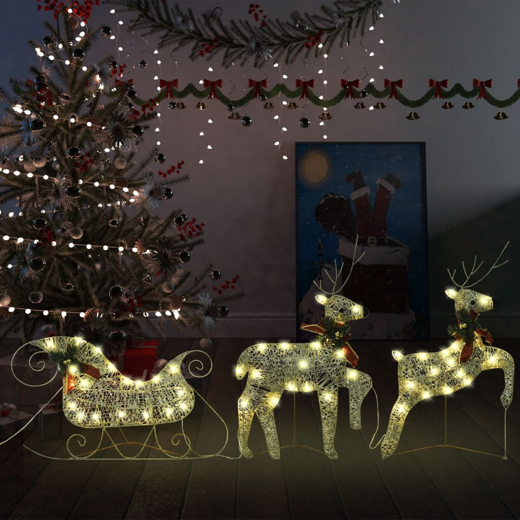 vidaXL Reindeer & Sleigh Christmas Decoration 60 LEDs Outdoor Gold