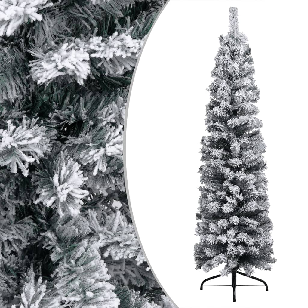 Slim Pre-lit Christmas Tree with Flocked Snow Green 82.7" PVC