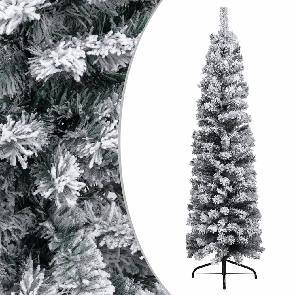 Slim Pre-lit Christmas Tree with Flocked Snow Green 70.9" PVC