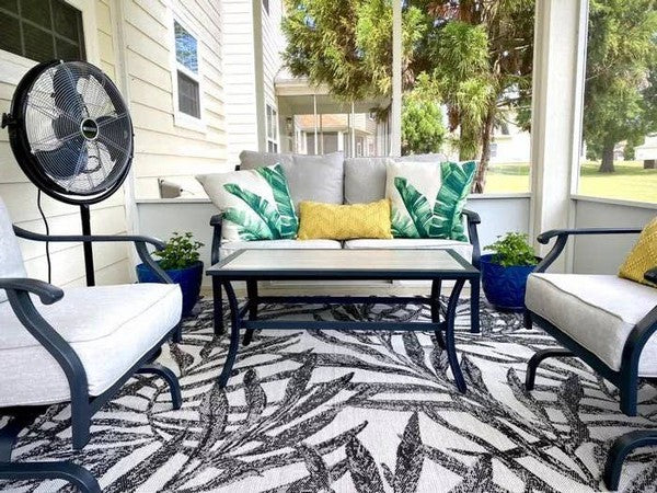 8x10 Feet Ivory Black Floral Palm Outdoor Area Rug