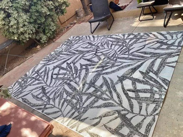 8x10 Feet Ivory Black Floral Palm Outdoor Area Rug