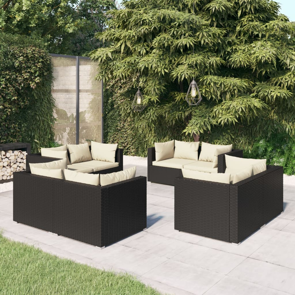 vidaXL 8 Piece Patio Lounge Set with Cushions Poly Rattan Black