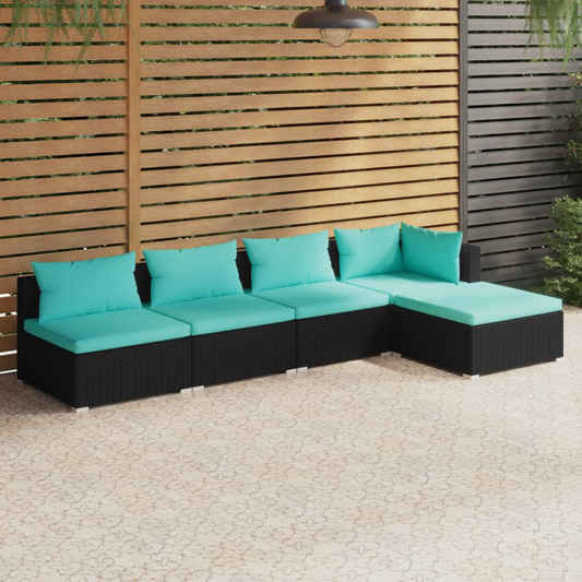 vidaXL 5 Piece Patio Lounge Set with Cushions Poly Rattan Black