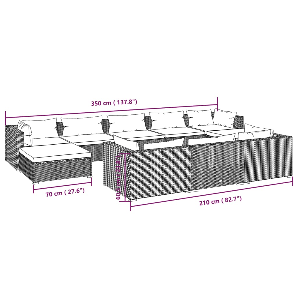 vidaXL 10 Piece Patio Lounge Set with Cushions Brown Poly Rattan