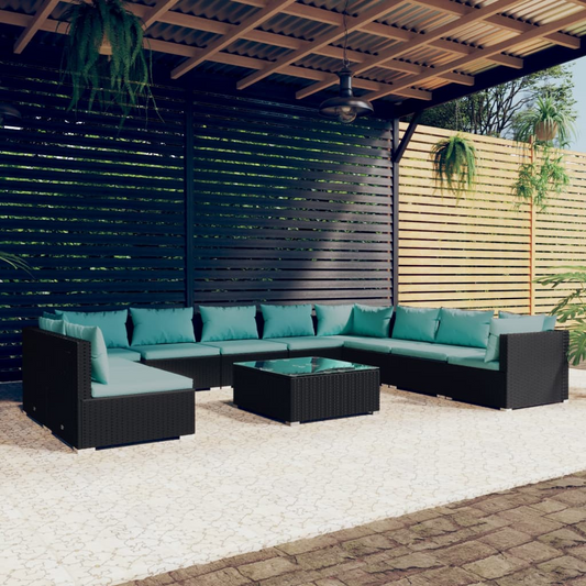 vidaXL 11 Piece Patio Lounge Set with Cushions Black Poly Rattan