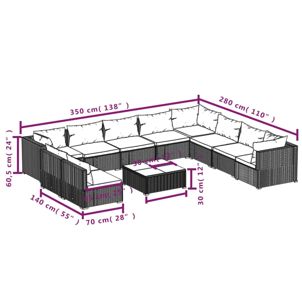 vidaXL 11 Piece Patio Lounge Set with Cushions Black Poly Rattan