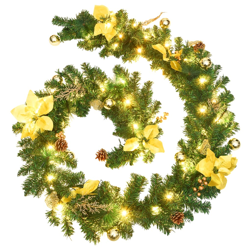 vidaXL Christmas Garland with LED Lights Green 106.3" PVC