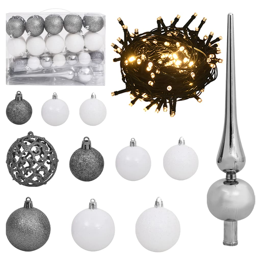 61 Piece Christmas Ball Set with Peak and 150 LEDs White&Gray