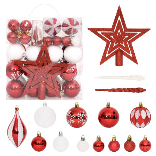 64 Piece Christmas Bauble Set Red and White