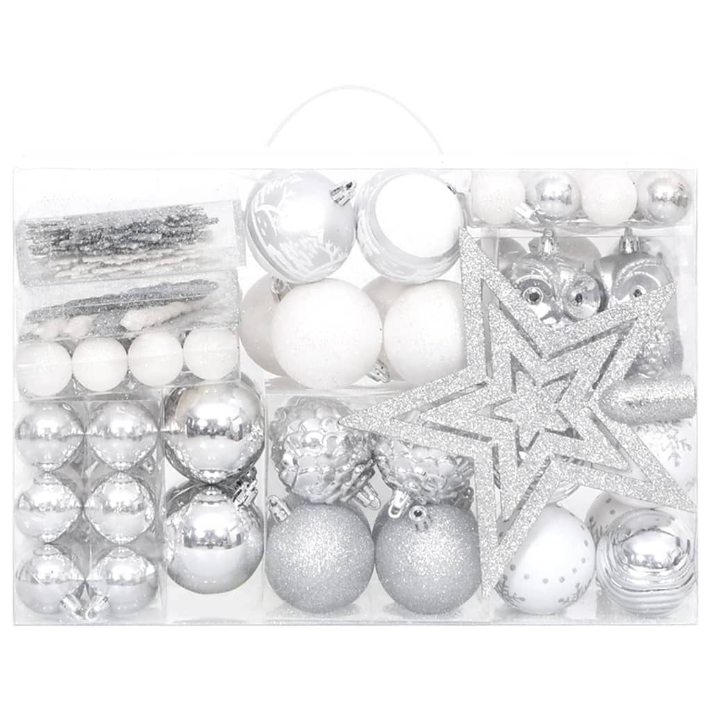 vidaXL 108 Piece Christmas Bauble Set Silver and White