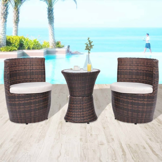 vidaXL 3 Piece Bistro Set with Cushions Poly Rattan Brown