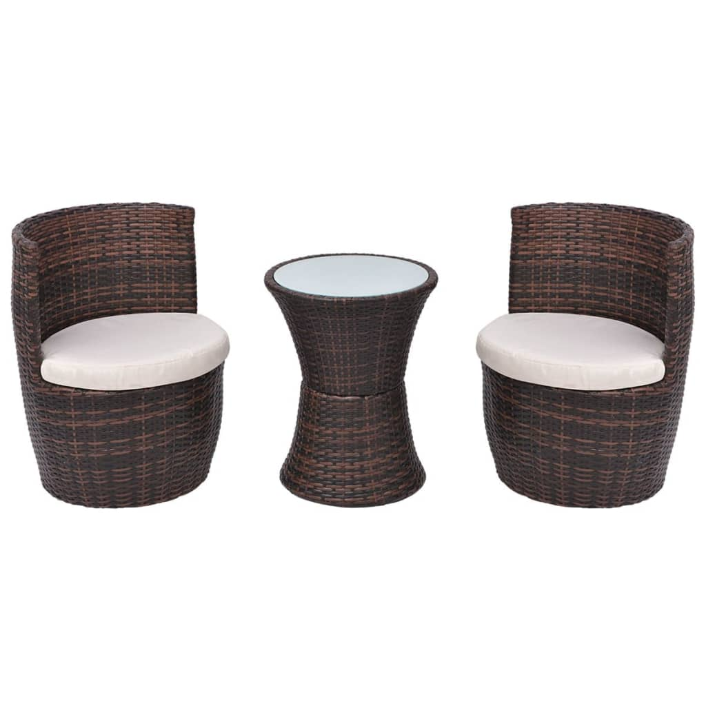 vidaXL 3 Piece Bistro Set with Cushions Poly Rattan Brown