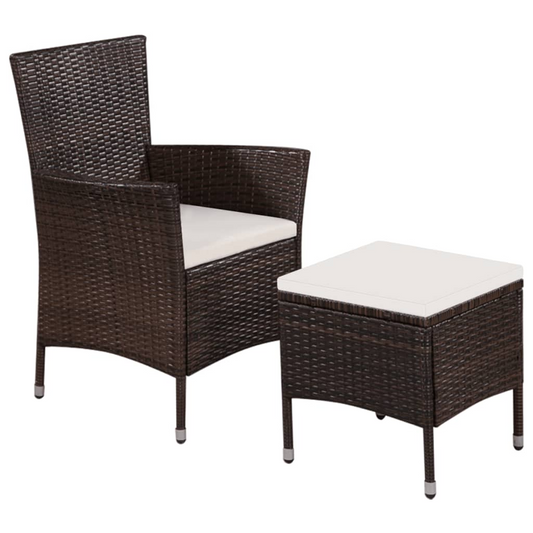 vidaXL Patio Chair and Stool with Cushions Poly Rattan Brown