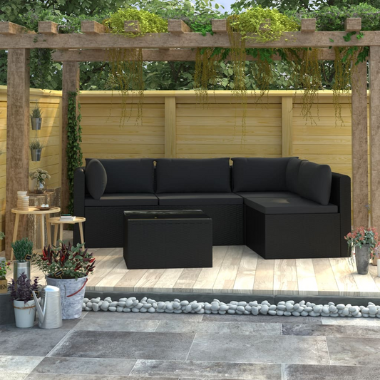 vidaXL 5 Piece Patio Lounge Set with Cushions Poly Rattan Black