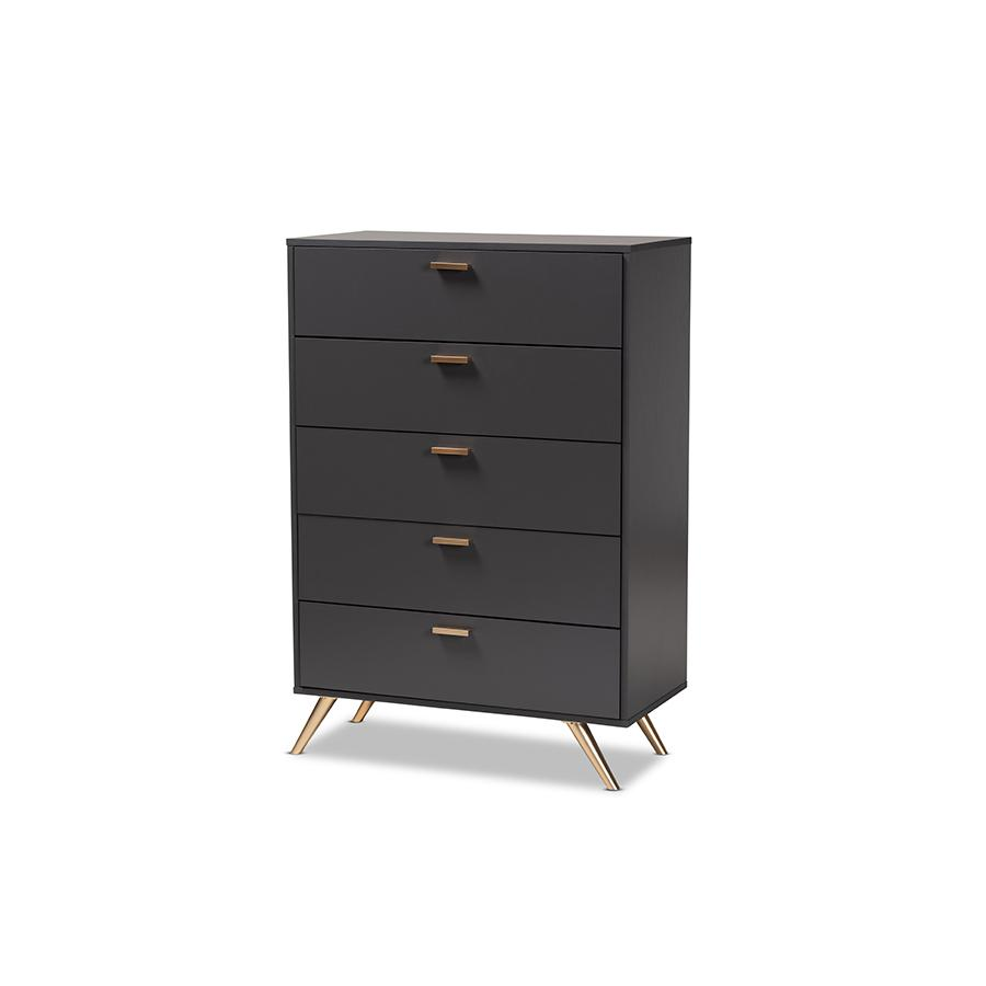 Kelson Modern and Contemporary Dark Grey and Gold Finished Wood 5-Drawer Chest