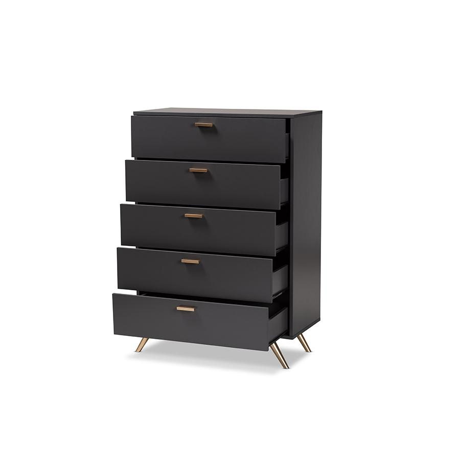 Kelson Modern and Contemporary Dark Grey and Gold Finished Wood 5-Drawer Chest