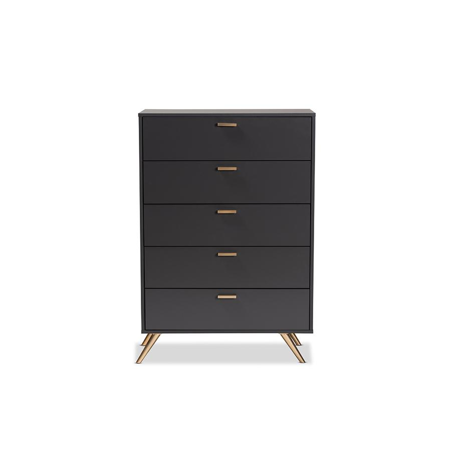 Kelson Modern and Contemporary Dark Grey and Gold Finished Wood 5-Drawer Chest