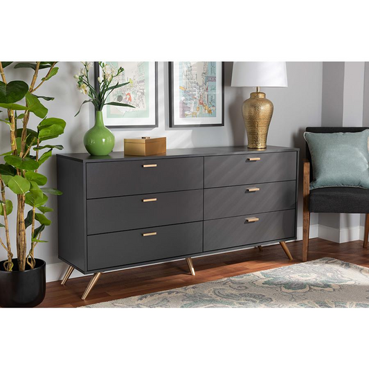 Kelson Modern and Contemporary Dark Grey and Gold Finished Wood 6-Drawer Dresser