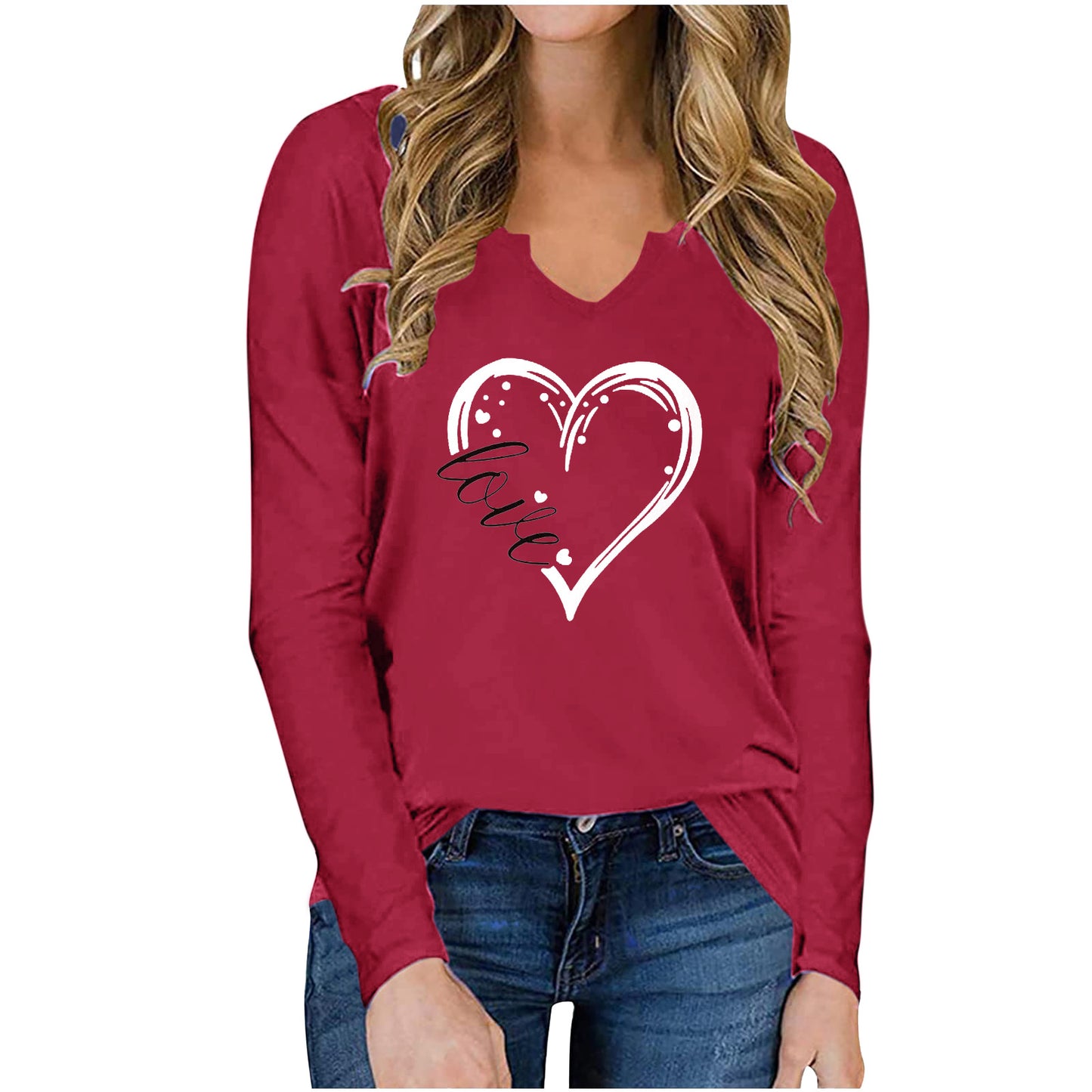 Vneck Valentines Day Printed Tshirt Cross-border Longsleeved Loose Top