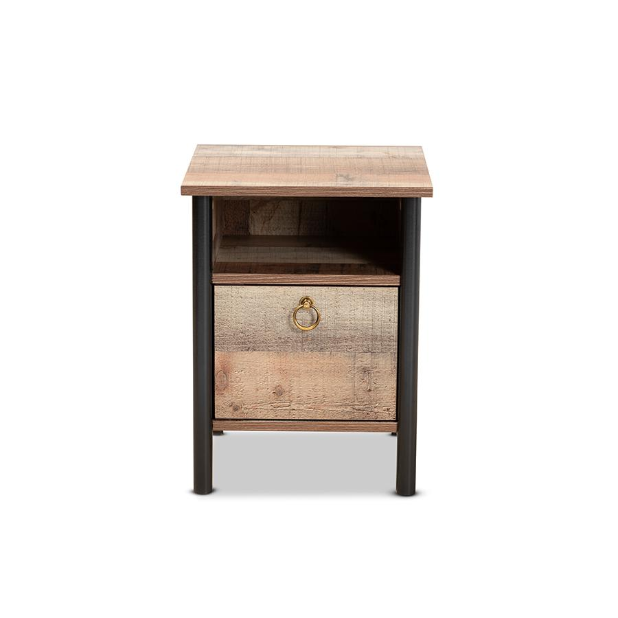 Two-Tone Rustic Oak Brown and Black Finished Wood Nightstand