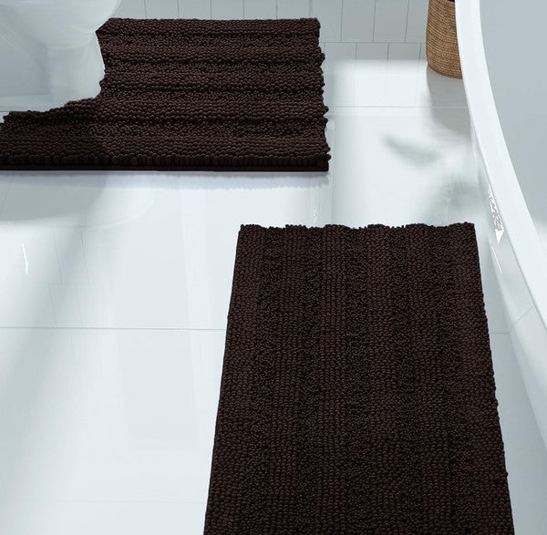 2PC Coffee Soft Cozy Plush Chenille Bath Mat Set