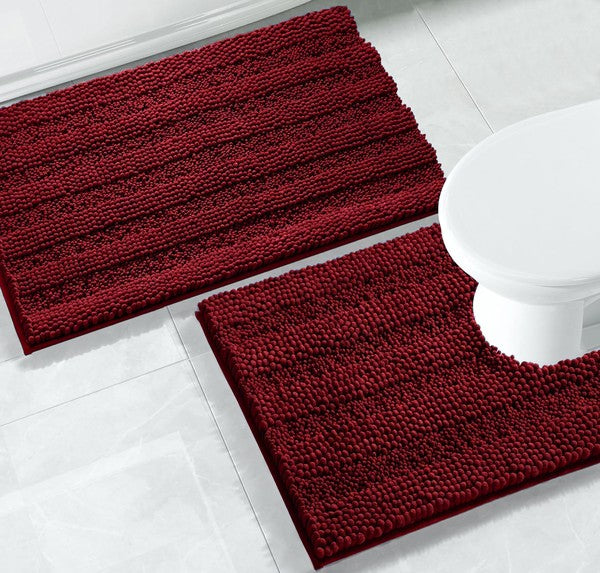 2PC Red Soft Cozy Plush Chenille Bath Mat Set