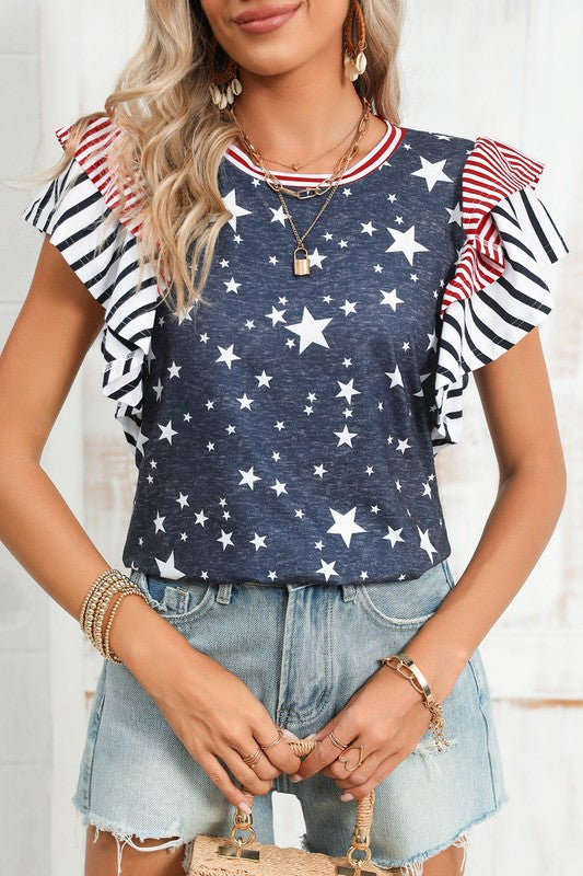 Flag Stripe Ruffle Sleeve Star Shirt USA