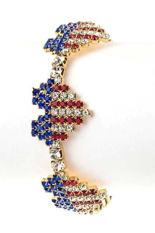 USA Flag Rhinestone Heart Cuff Bracelet