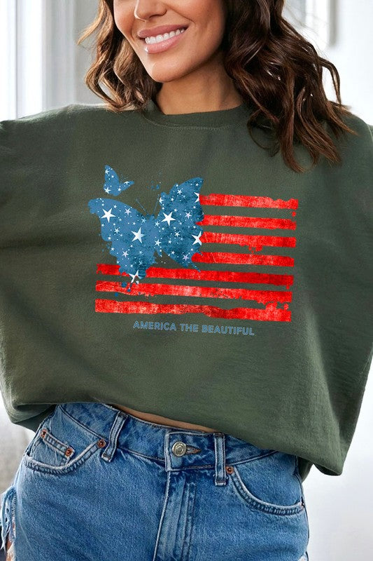 Butterfly USA Flag Graphic Fleece Sweatshirts