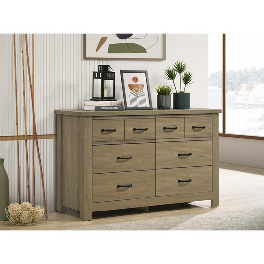 Finn Coffee Gray Oak Finish Dresser with 6 Drawers and Black Handles