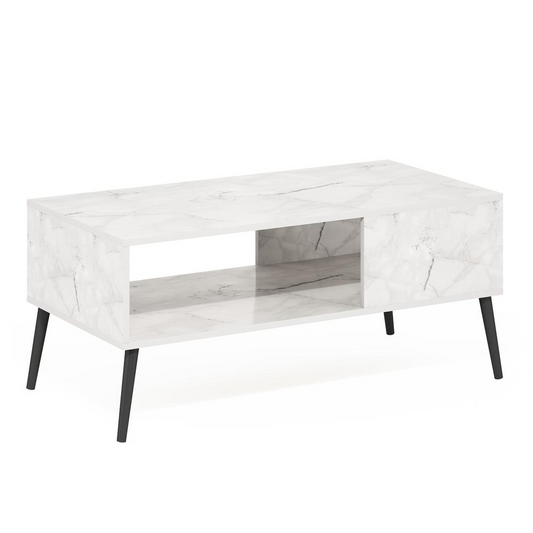 Mid Century Style Coffee Table with Wood Legs, Marble White