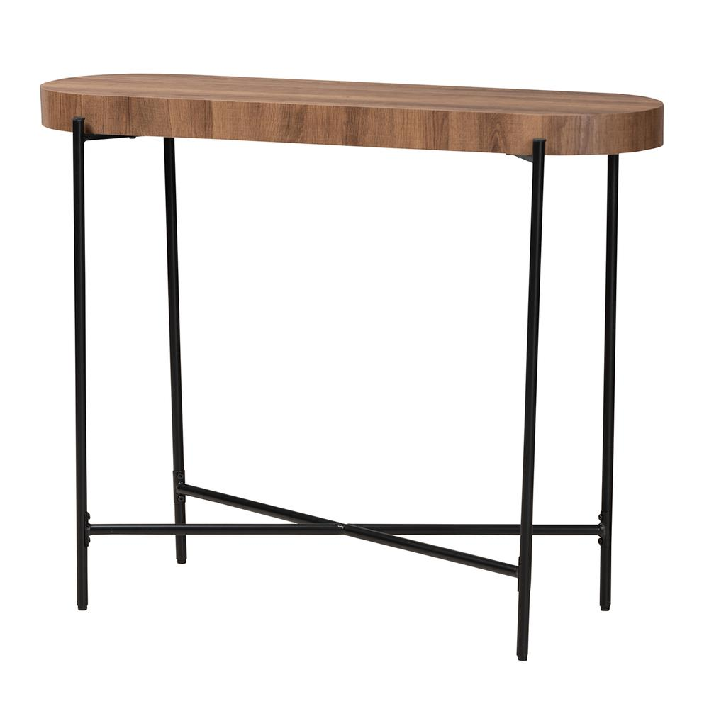 Industrial Walnut Brown Finished Wood and Black Metal Console Table