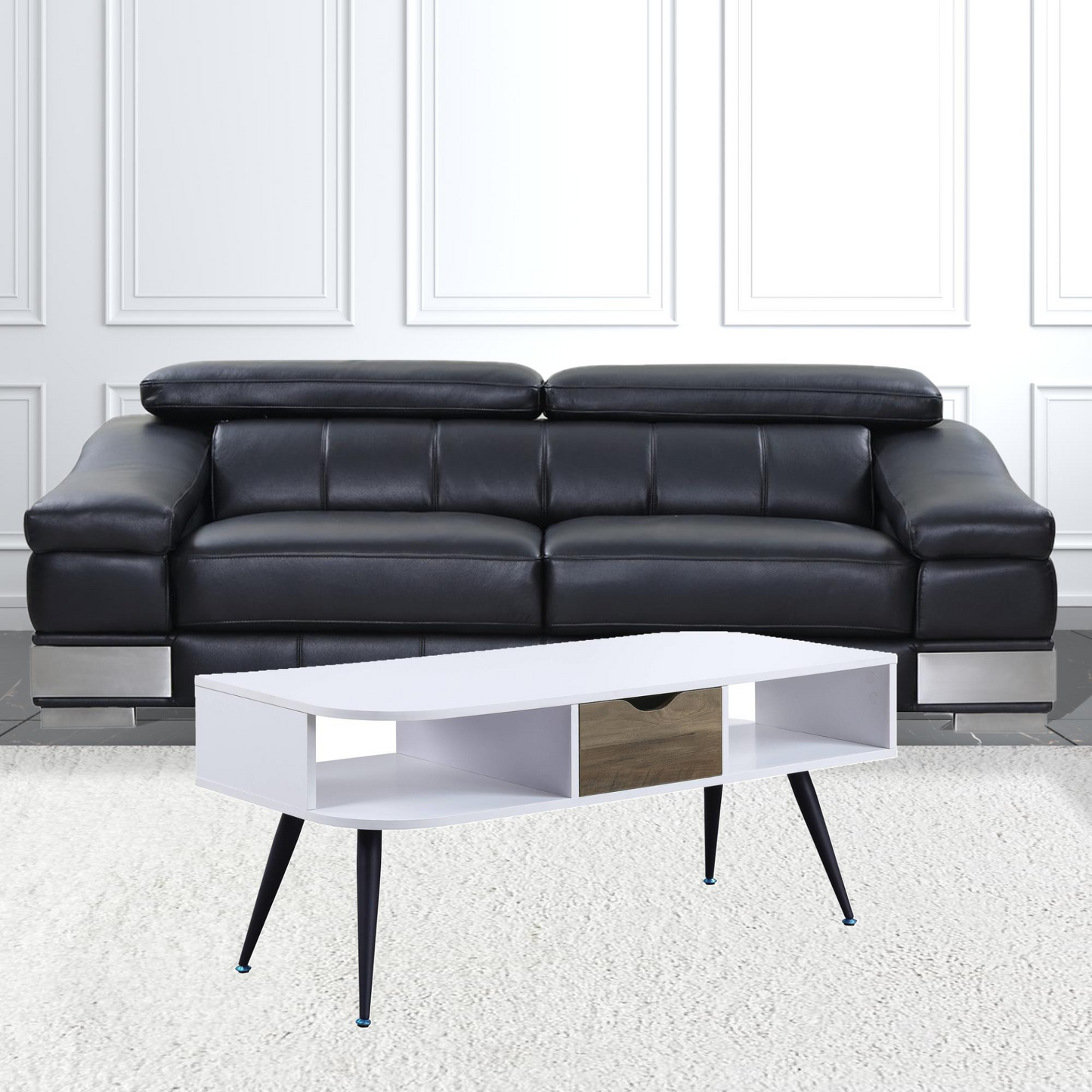 "44"" Black And White Melamine Veneer And Metal Rectangular Coffee Table With Drawer And Shelf"