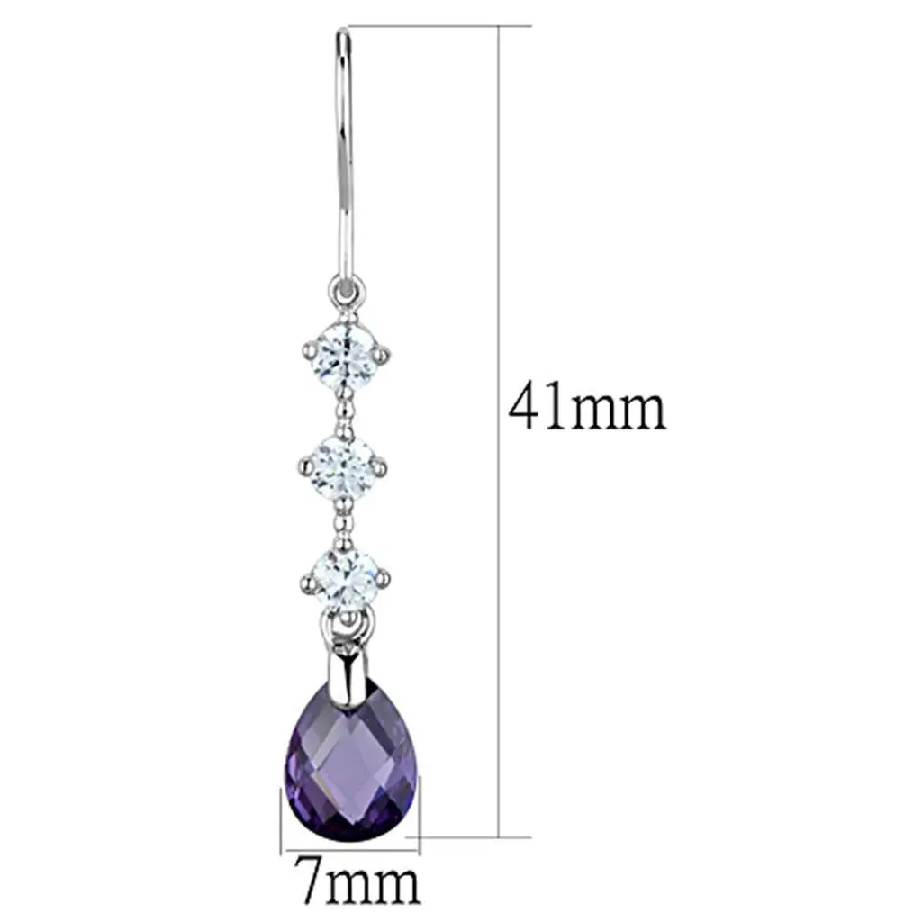 3W635 - Rhodium Brass Earrings with AAA Grade CZ  in Amethyst